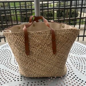Woven Straw Tote Bag with Brown Handles